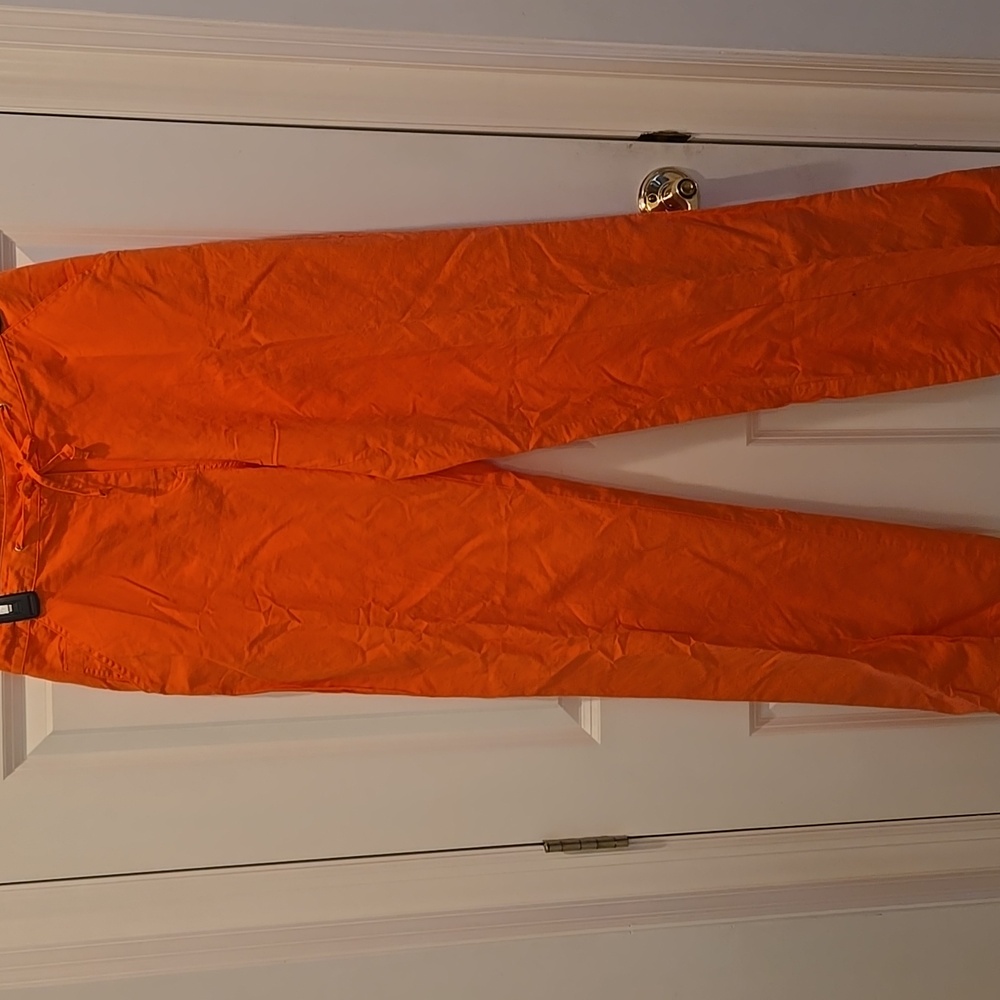 Italian Pull-On Pants EU 44/US 12 Linen Cotton Straight Leg Drawstring Orange